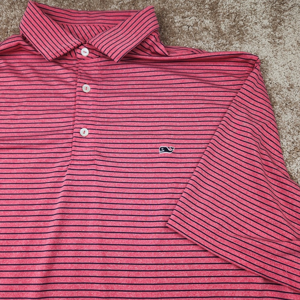 Vineyard Vines Performance Mens XL Pink Navy Striped Short Sleeve Polo Shirt